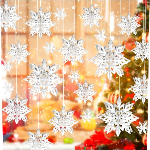 Besslly 24PCS Snowflake Christmas Decorations, 3D Large Silver Paper Snowflakes Garland Hanging Snow Flakes for Winter Wonderland Christmas Party Decorations Holiday New Year Home Decor, Argent Silver