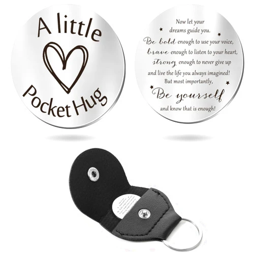 Sureio Pocket Hug Token Long Distance Relationship Keepsake Stainless Steel Double Sided Inspirational Gift with Keychain