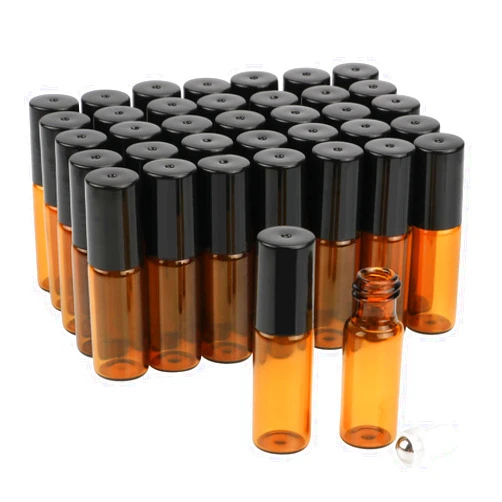 Furnido Amber Glass Roller Bottles,5ml(1/6oz) Pack of 35 Roll on Bottles With Stainless Steel Roller Ball&Black Lids Perfect for Essential Oil Aromatherapy Blends/Perfumes/Lip Balms-FREE Dropper Included