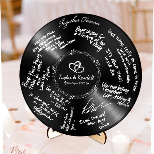 Ozinna Custom Vinyl Record Wedding Guest Book Alternative, Custom Wood Round Record Wedding Message Book with Custom Photo & Name, Modern Wedding Elegant Party Decorations (Record - Name)