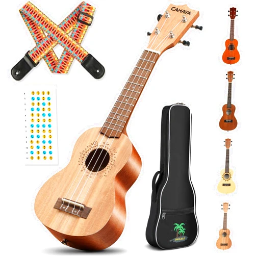 CAHAYA 21 Inch Ukulele Mahogany Beginner Kit Soprano Ukelele with Gig Bag Rainbow Strap Fretboard Stickers for Both Adults and Kids Professional Hawaiian Ukalalee Gifts CY0068