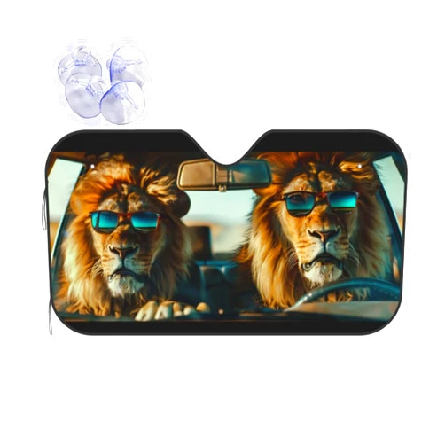 HSYOYO Windshield Sun Shade for Car Trucks SUV Lions with Sunglasses Retractable Front Window Sun Visor Foldable Sunshade Protector for Car Windshield Keep Your Vehicle Cool 55 X 29.9Inch