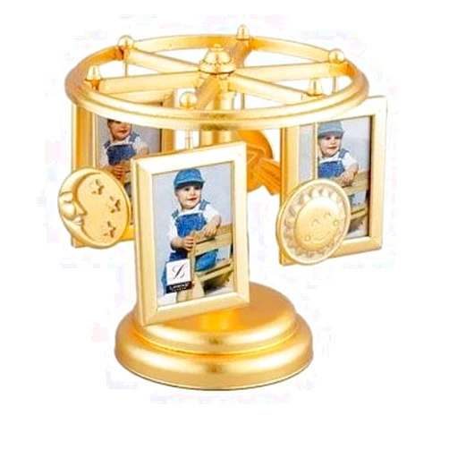 BluePrints Wind Up Musical Carousel Picture Frame - Gold Sun Moon and Stars Design - Holds 6 2x3 Photos