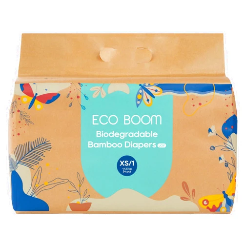 ECO BOOM Size 1 Diapers, Bamboo Viscose Diapers, Sustainable, Paper Packaging
