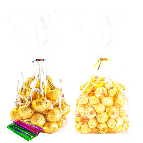 NPLUX 100 Pack Cellophane Bags,Clear Flat bottom Cellophane Treat Bags with 100 Pack Twist Ties for Candy Popcorn Cookie Small Gift Wrapping（5x8x2 Inches
