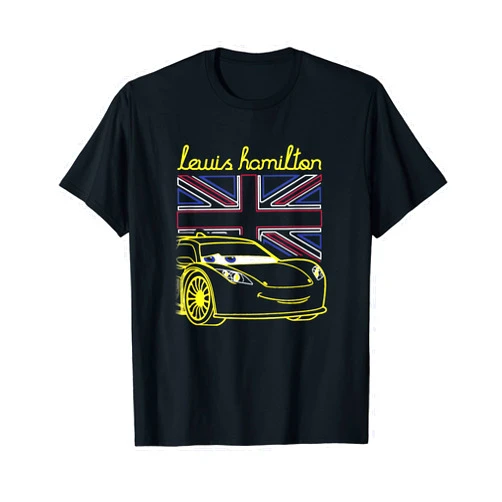 Disney Pixar Cars 2 Lewis Hamilton UK Flag Neon Portrait T-Shirt