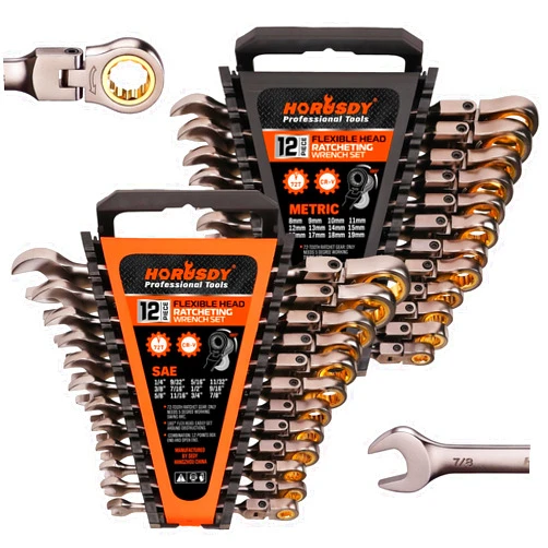 HORUSDY 24-Piece Flex-Head Ratcheting Wrench Set | Metric and SAE | Ratchet Combination Wrenches Set with Organizer | 72-Teeth | Chrome Vanadium Steel | 8-19 mm & 1/4” to 7/8“