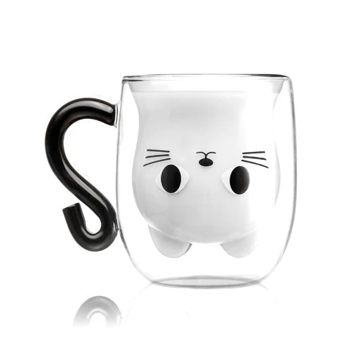Flower Power Phitihui Cat Mugs, Double Wall Glass Cute Coffee Tea Cup, Graduation Valentines Mothers Day Easter Halloween Christmas Gifts for Women Wife Mum Her Girl Teacher Friend, Birthday Present Idea (Black)