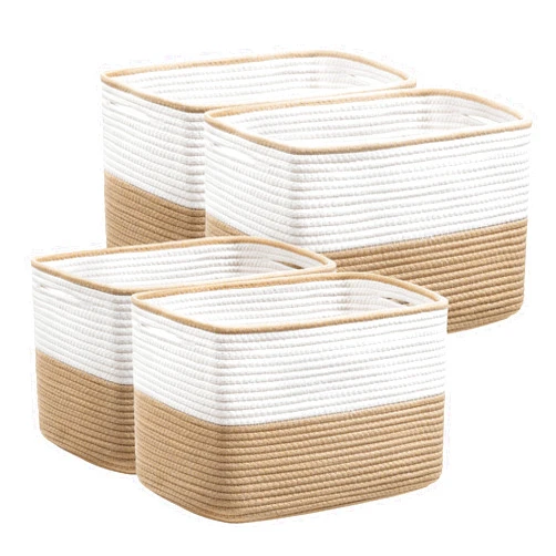 UBBCARE 4 Pack Baskets for Organizing, Woven Storage Baskets for Toys and Towel, Rectangle Cotton Rope Basket with Handles, 15''L x10''W x9''H, Brown