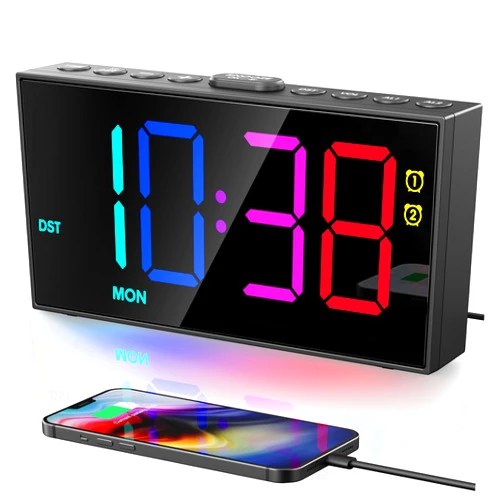 PPLEE Digital RGB Alarm Clock for Bedroom, Loud Colorful LED Big Number Digital Clock with 10 Colors, USB A&C Charging Port, Adjustable Volume, Dimmer, Weekend Weekday Mode for Heavy Sleepers Kids Boy
