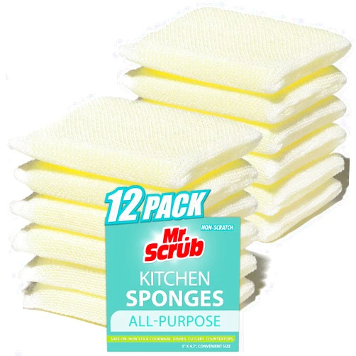 MR. SCRUB All-Purpose Sponges, Non Scratch, for Washing and Cleaning Dishes, Premium Scrub and Scrubbers, 12 Pads, Ideal for Kitchen, Bathroom