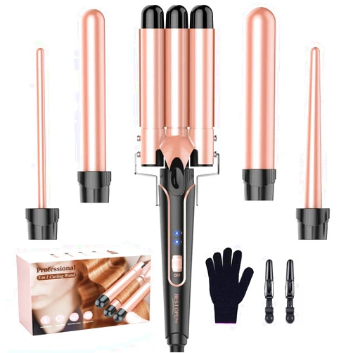 BESTOPE PRO Waver Curling Iron Wand, BESTOPE PRO 5 in 1 Curling Wand Set with 3 Barrel Hair Crimper for Women, Fast Heating Hair Wand Curler in All Hair Type