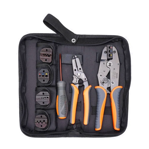 IWISS iCrimp Ratchet Wire Crimping Tool Set, 5 Interchangeable Jaws for Heat Shrink,Insulated Nylon,Non-Insulated Terminals AWG20-2, Wire Stripper included