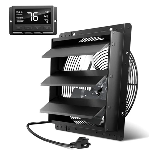 Hon&Guan Shutter Exhaust Fan, 12-Inch Wall Mount Attic Fan with Temperature Humidity Controller, 10-Speed Adjustable, 971 CFM, for Ventilation and Cooling in Greenhouses, Garages, Chicken Coops