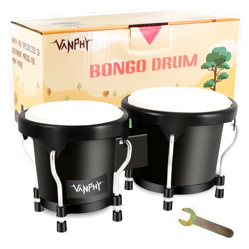 VANPHY Bongo Drum 4'' and 5'' Set for Adults Beginners Tunable Natural Skin Bongos Percussion Instruments With Tuning Wrench and Gift Box (Black)