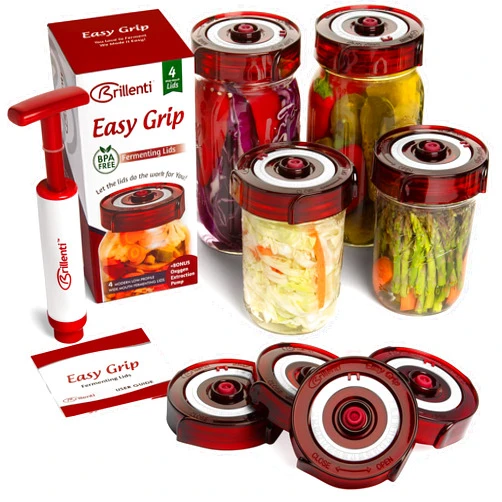 Brillenti Fermenting Lids for wide mouth mason jars. 4 waterless airlock fermentation lids kit. Easy Grip fermenter lid with Oxygen Pump automatically Vents air. Tracks ferment date. (4 Lids + Pump)