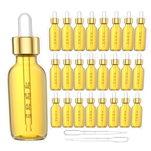 KURTOTEP Set of 24 Elegant Light Amber Glass Dropper Bottles with Gold Caps, 2oz - Leak-Proof with Graduated Droppers for Essential Oils, Serums, and Tinctures (24)