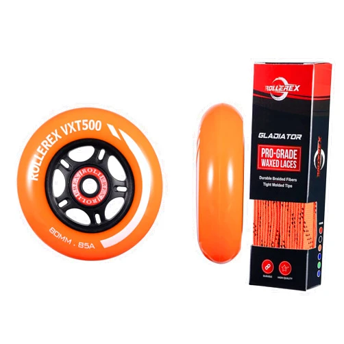 Rollerex VXT500 RipStik/Inline Skate Wheels (2-pack w/bearings, spacers and washers) (Sunrise Orange, 72mm) Gladiator Waxed Skate Laces (Highlight Orange, 72