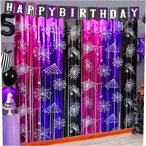 MECOLO Wednesday Birthday Party Supplies 2 Pack Wednesday Party Streamers Backdrop Tinsel Foil Fringe Curtains Halloween Party Decorations Pink Purple and Black Background for Girls Birthday Party Supplies