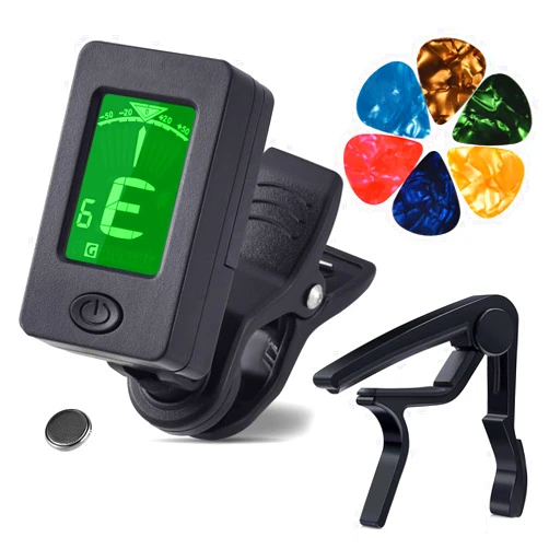 MOREYES Guitar Capo Tuner Clip on Guitar, Violin, Bass, Ukulele Chromatic with Picks (Tuner and Black Capo)