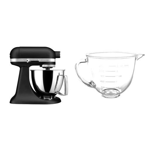 KitchenAid Artisan Mini 3.5 Quart Tilt-Head Stand Mixer - KSM3316X - Cast Iron Black and KitchenAid 3.5 Quart Tilt-Head Glass Bowl - KSM35GB