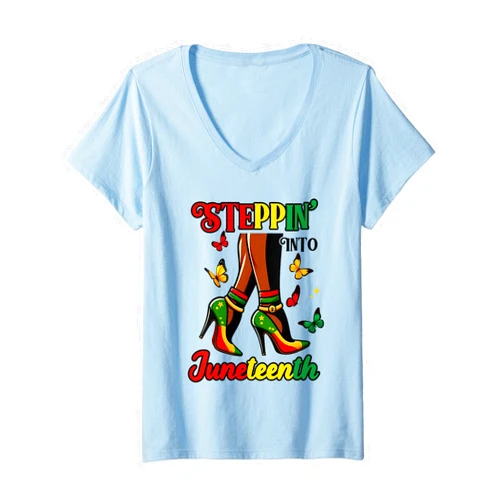 Stepping Into Juneteenth Black History Collection. Womens Stepping Into Juneteenth Afro Woman Black Girls High Heel V-Neck T-Shirt
