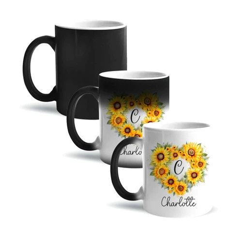 Custom Giftery Customized Sunflower Color Changing Cup, Custom Name And Initial Letter Magic Coffee Mug, Personalized Sunflower Lover Heat Sensitive Cup, Unique Monogrammed Design Mug 11oz 15oz