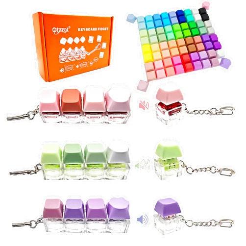 Gtzzot 6 Pcs Keyboard Fidget Toy in Gift Box—Clicky, Creamy & Silent Stress Relief Clicker Keychain, 75 Colorful Removable Keycaps with Cat Paw | Quiet Button Fidget for Adults, Calm Anxiety Office Travel