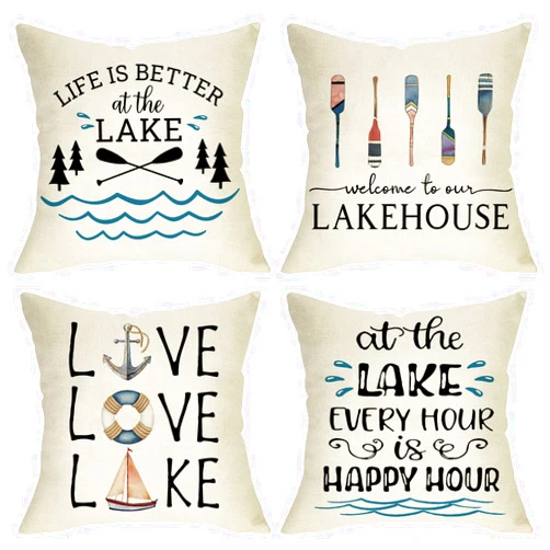 Softxpp Life is Better at the Lake House Decorative Throw Pillow Cover Set of 4, Farmhouse Paddles Anchor Lakehouse Cushion Case, Lakehouse Rustic Spring Summer Home Decoration Pillowcase Decors 16x16