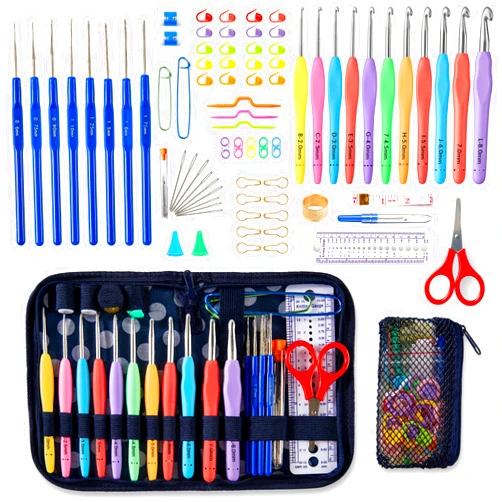 INSCRAFT 82 Pcs Crochet Hook Set, 19 Sizes 0.6mm-8mm(L), Ergonomic Soft Grip Handles Crochet Needles (11 Sizes) Kit with Bag for Arthritic Hands, Crochet Starter Kit for Beginners Knitting Yarn Lovers