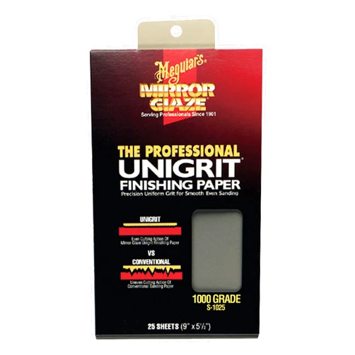 Meguiar's Unigrit Finishing Paper - 1,000 Grit - Pro Wet/Dry Sandpaper, Fast and Even Cutting Action with Smooth Sanding Pattern That Eliminates The Risk of Deep, Uneven Sanding Scratches, 25 Sheets