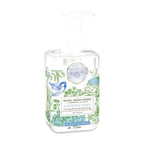 Michel Design Works Foaming Hand Soap 17.8oz, Cotton & Linen Scent and Design, Shea Butter and Aloe Vera Blend, Beautiful Square Container with Pump