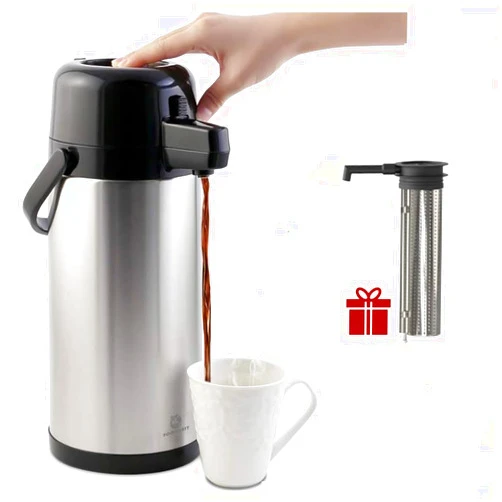 TOMAKEIT Airpot Tea Dispenser with Pump,3L/102 Oz Thermal Beverage Coffee Dispenser with Tea Filter for Party Chocolate Drinks Stainless Steel Thermos Large Thermal Hot Drink, Pump Action Airpot for Hot/Cold