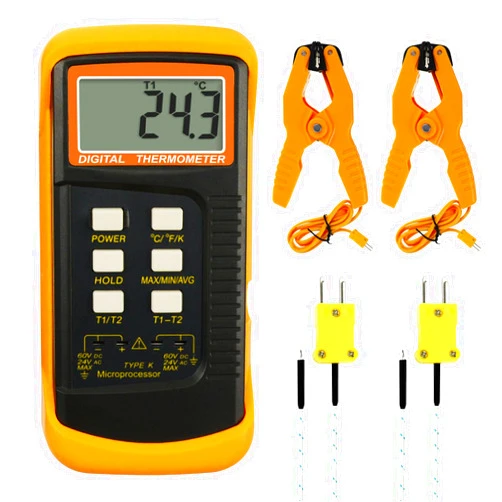 DANOPLUS K Type Thermocouple Thermometer (-50~1300°C), Dual Channels Digital Thermometer with 2 Temperature Clamp 2 Wired Thermocouple Probes, High Accuracy Temperature Kelvin Scale Meter Tester
