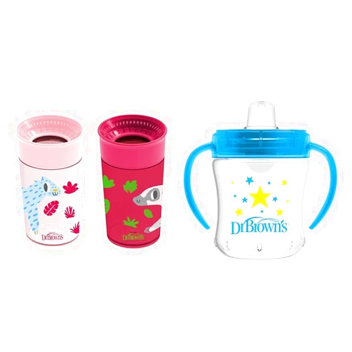 Dr. Brown's Milestones Cheers 360 Cup & Transition Sippy Cup Bundle, Pink Leopard & Blue Star Prints, 10 oz & 6 oz, 2 Count