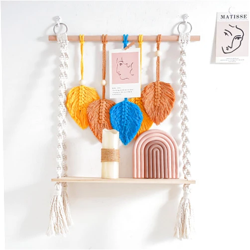 UOIXPUHUO Boho Shelves Macrame Wall Hanging Shelf Tier 1, Handmade Boho Macrame Wall Decor Colorful leaves Woven, Floating Hanging Plant Shelf Storage Organizer for Bathroom Bedroom Nursery
