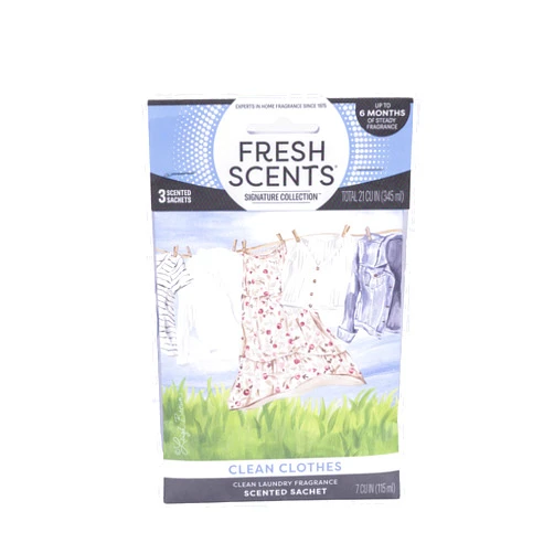 WillowBrook Fresh Scents | Scented Sachet Packet | Clean Clothes | Air Freshener Bags for Drawers, Closets, Cars | 3 Pack | Long Lasting Home Fragrance