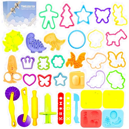 Jaeespon Dough Play Tools for Kids- Dough Accessories Molds Dinosaur Fruit Roller Cutter Scissor and Storage Box, Party Favors Set for Age 2-8