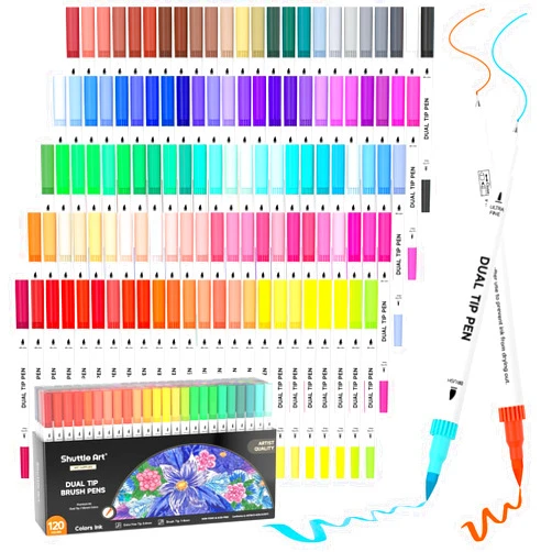 Shuttle Art 120 Color Dual Brush and Fineliner Marker Pens Set with Coloring Book - Perfect for Kids and Adults for Lettering, Journaling and Doodling