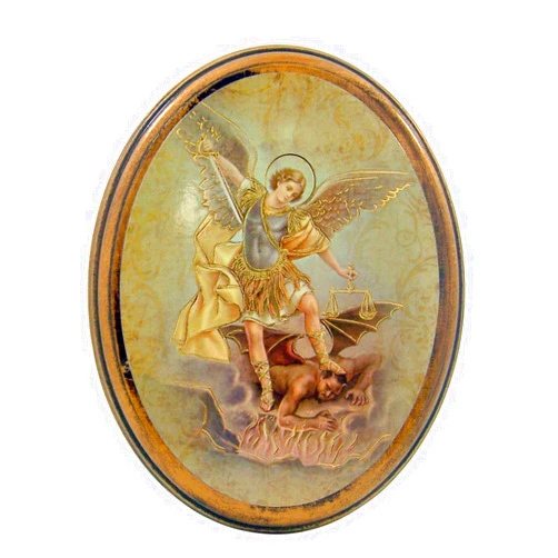 Antiqued Gold Embossed Plaques Gold Embossed Saint Michael the Archangel Icon on Oval Wood Plaque, 5 Inch