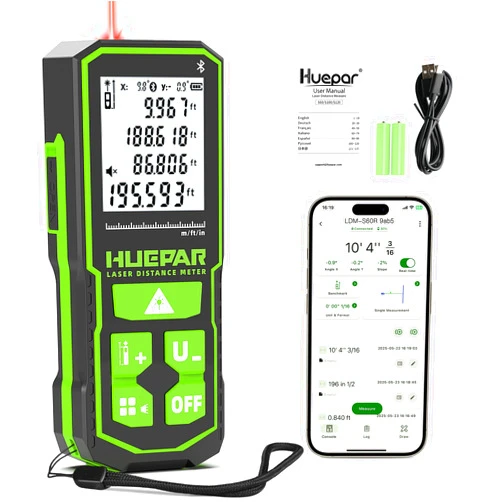Huepar Laser Distance Measure 200Ft. Digital Rechargeable Laser Measuring Tool with Bluetooth -Phone APP, 1/16in Accuracy, Angle Sensor, M/in/Ft Unit, Pythagorean Mode, Measure Distance, Area, Volume