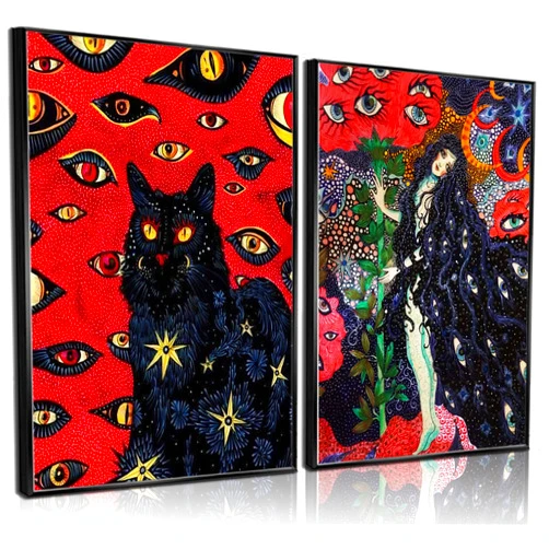 MHYIDUT 2Pcs Black Cat Cohen Hippie Psychedelic Wall Art Retro Fun Cool Girl Mystical Animal Eyes Stars Canvas Posters Prints Cat Lovers Wall Decor Pictures Bedroom Living Room Dorm Decoration Unframed