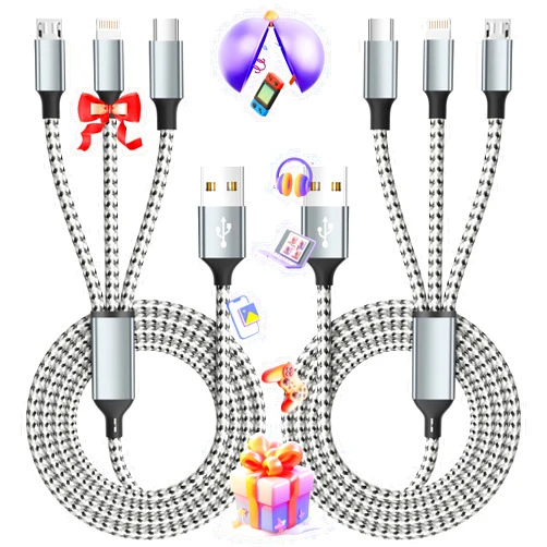 IDISON Multi Charging Cable, (2 Pack 4FT) Multi USB Charger Cable 3 in 1 Charging Cable Nylon Braided Fast Charging Cord with Type-C, Micro USB, IP Port for Most Phones/iPhones/Tablets