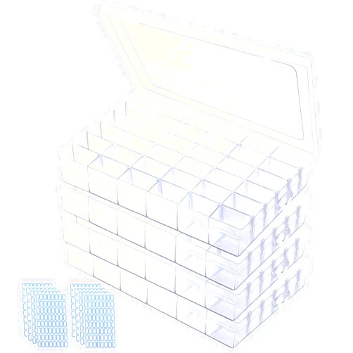 PLMMOUT 4 Pack Clear Plastic Organizer Box,36 Grids Clear Bead Organizer with Adjustable Divider for Bead Art DIY Craft Jewelry Fishing with 512 Label Stickers
