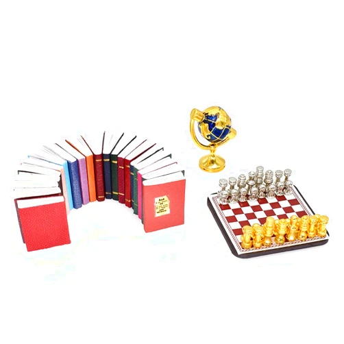 iLAND Miniature Dollhouse Accessories for Dollhouse Furniture, Mini Book Globe Chess Set for Dollhouse Study Room (Classic 22pcs)