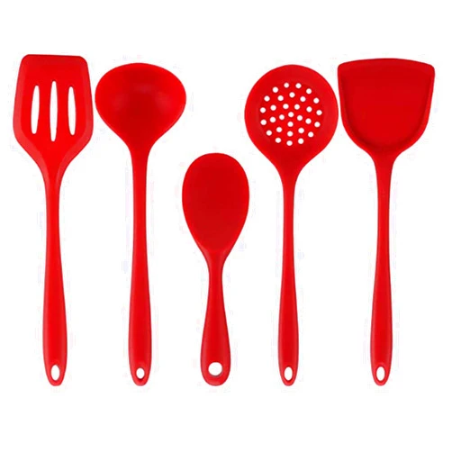 XBLDMJY Silicone Cooking Utensils Set (5 Piece Set)-kitchen utensils set -Non Stick Spatula，Mixing and slotted Spoon，High Heat Resistant to 446°F，Red
