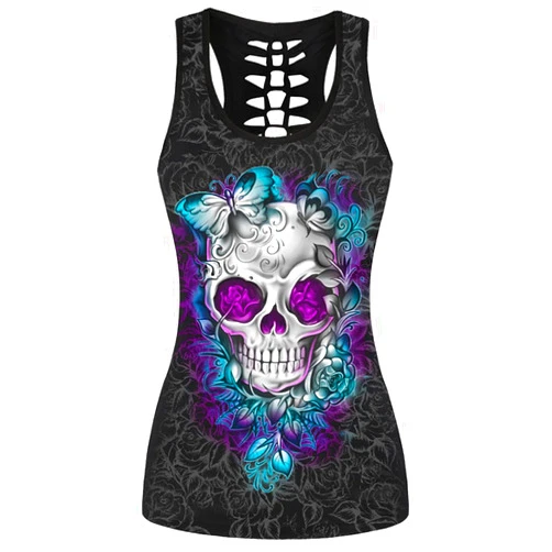 Sister Amy Women's Skull Print Hollow Out T-Shirt Crew Neck Plus Size Tank Top