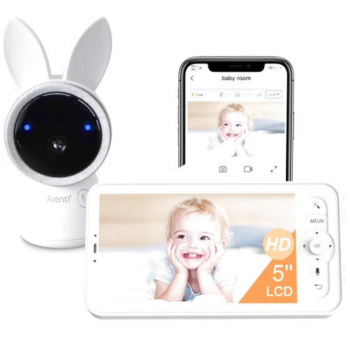 ARENTI Baby Monitor, 2K Smart Baby Camera with 5-Inch Upgraded Wireless Display, Super Night Vision, Lullabies, Cry & Motion Detection, Temp & Humidity Sensor, Two Way Audio