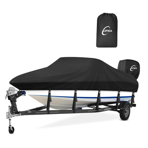 Kipiea 1300D Boat Cover - Heavy Duty Waterproof Boat Covers and Motor Cover, Double PU Waterproof, Fits V-Hull, Fish & Ski, Pro-Style, Fishing, Bass Boats (16'-18.5' Long X 94