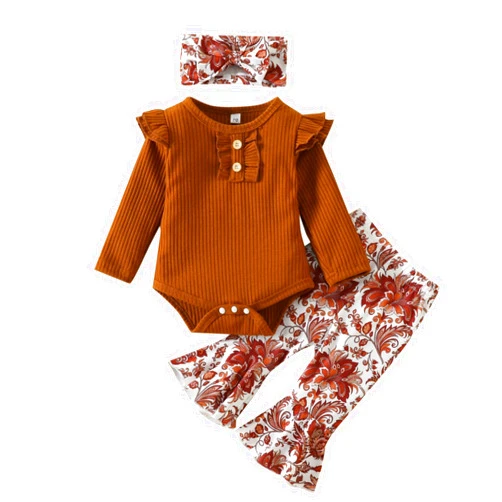 Hantleiftov Newborn Baby Girl Fall Winter Outfit Ruffle Long Sleeve Ribbed Romper Floral Flare Pants Headband 3Pcs Set (0-6 Months,Brown)